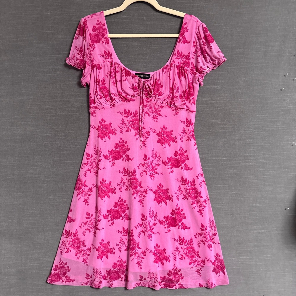 Almost Famous Dress L Pink Floral Mesh Ruched Babydoll Coquette Milkmaid y2k